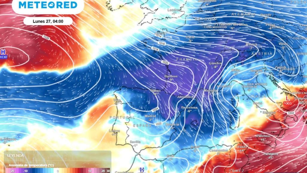 Las masas de aire polar que afectarán a España en la madrugada del domingo al lunes. Meteored