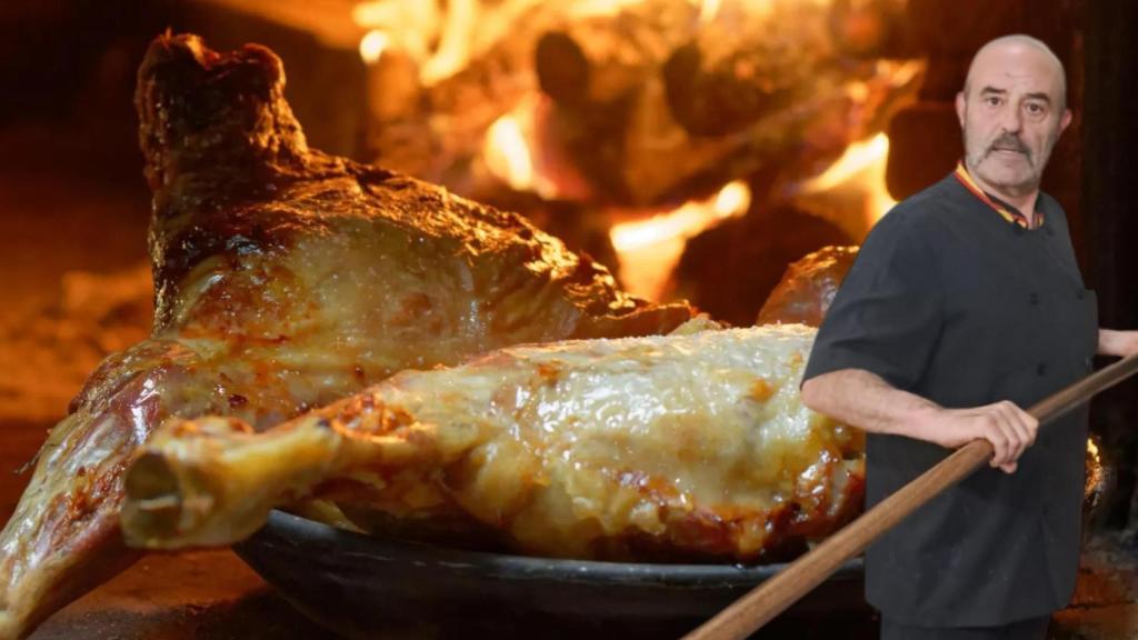 Imagen de un lechazo y de Marco Antonio García, maestro asador del restaurante Mannix (Campaspero)