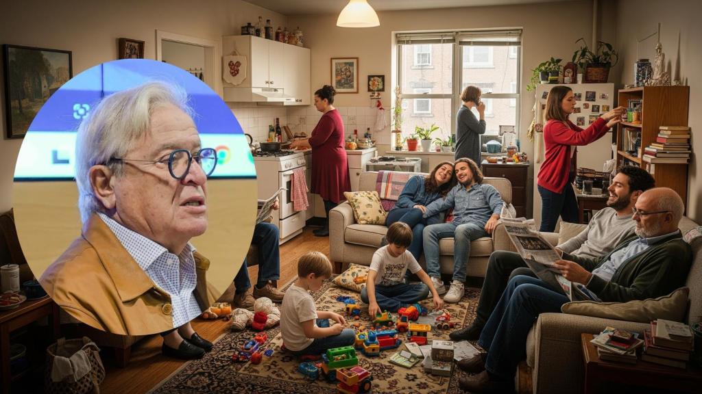 Montaje de Joan Clos con personas viviendo de alquiler en una imagen creada con IA.