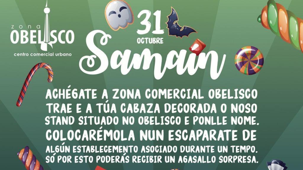 Cartel de la iniciativa de Samaín de la zona comercial del Obelisco de A Coruña
