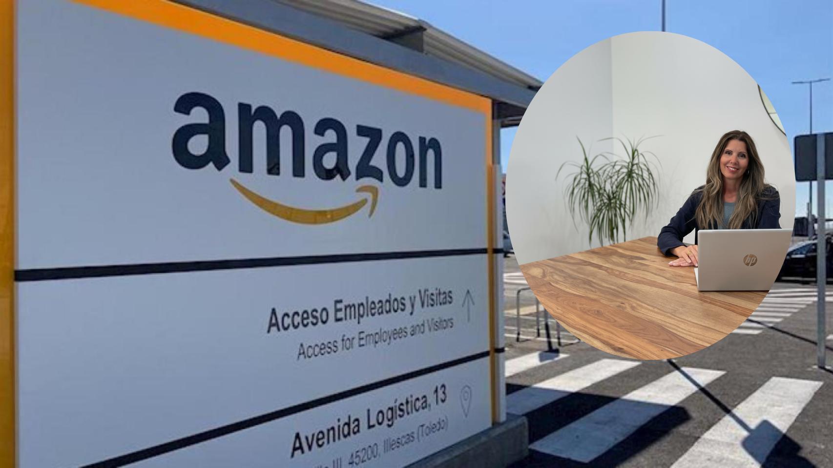 Montaje de Nuria Castro con la entrada de un centro de Amazon.