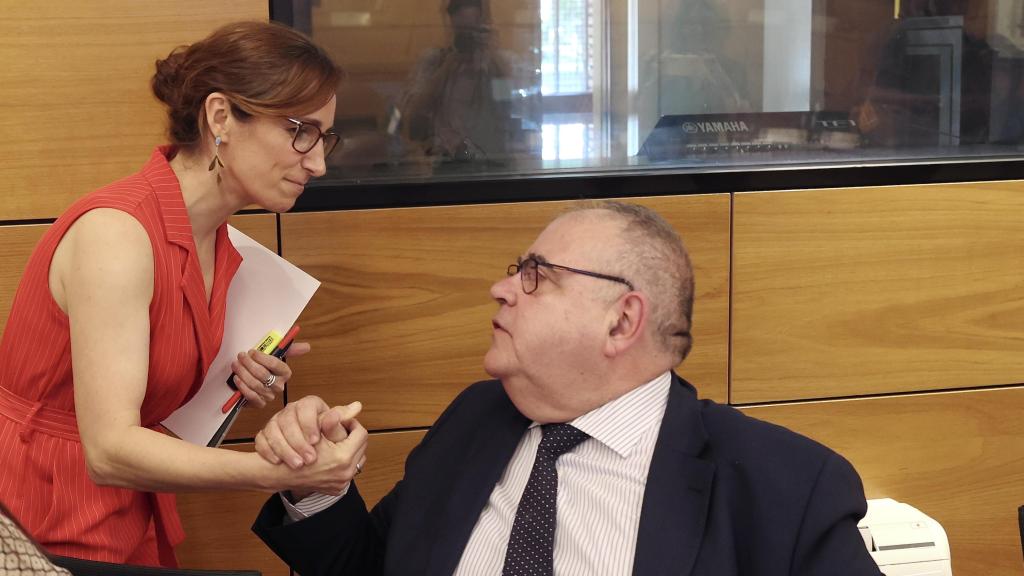 El consejero de Sanidad, Alejandro Vázquez, saluda a la ministra de Sanidad, Mónica García, en una reunión del pleno del Consejo Interterritorial del Sistema Nacional de Salud