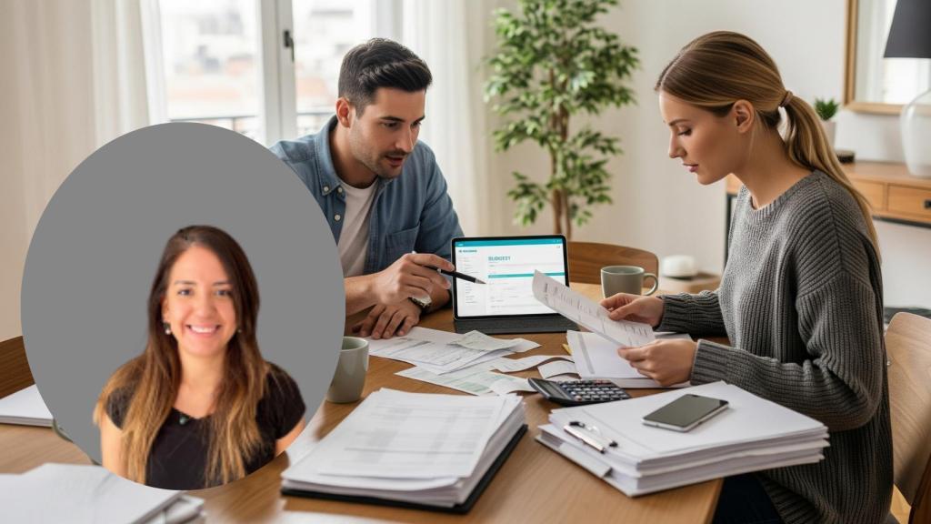 Montaje de Andrea Morales con una pareja organizando sus finanzas en una imagen creada con IA.