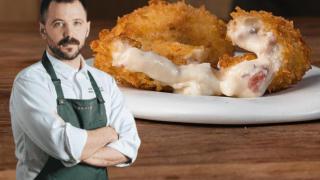 Montaje del chef Miguel Carretero con una imagen de su premiada croqueta.
