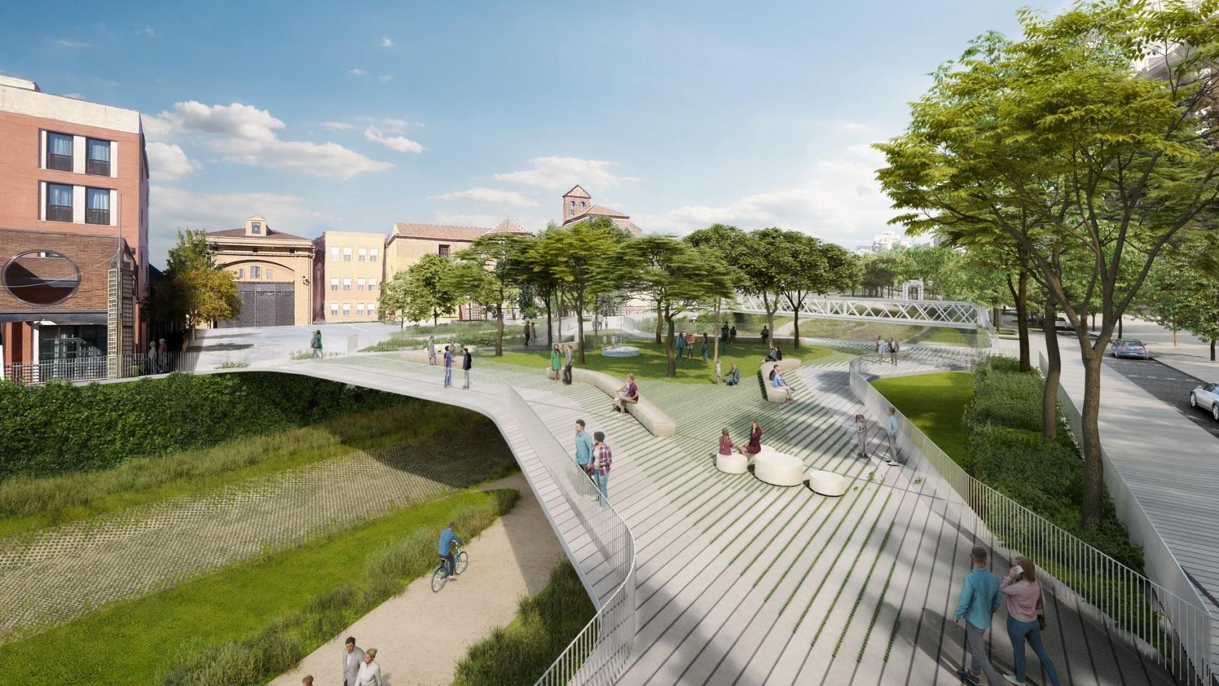 Una de las plazas puente en el nuevo Guadalmedina.