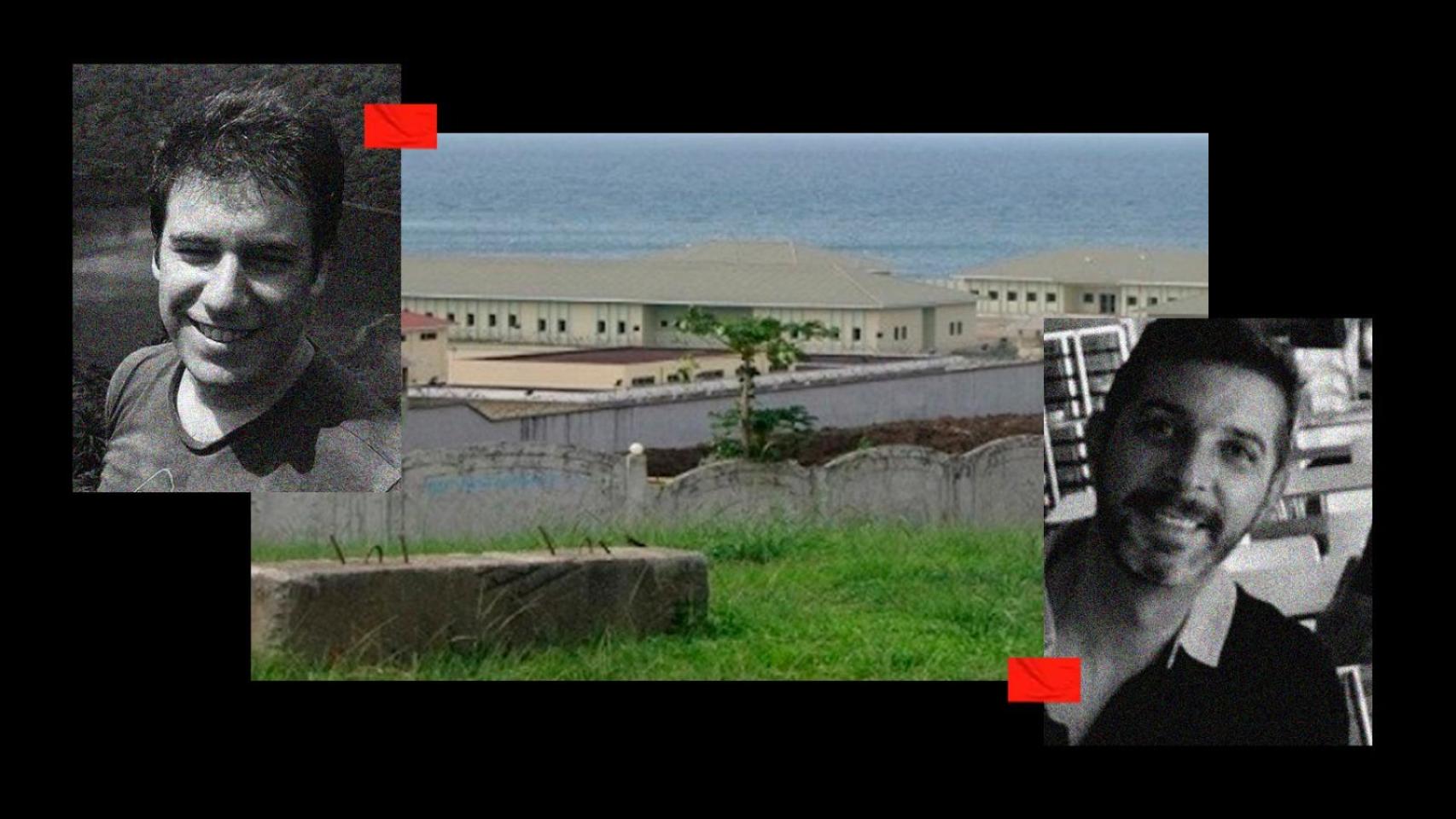 Javier Marañón Montero y David Rodríguez Ballesta, en una ilustración junto a la prisión 'Black Beach' de Malabo.