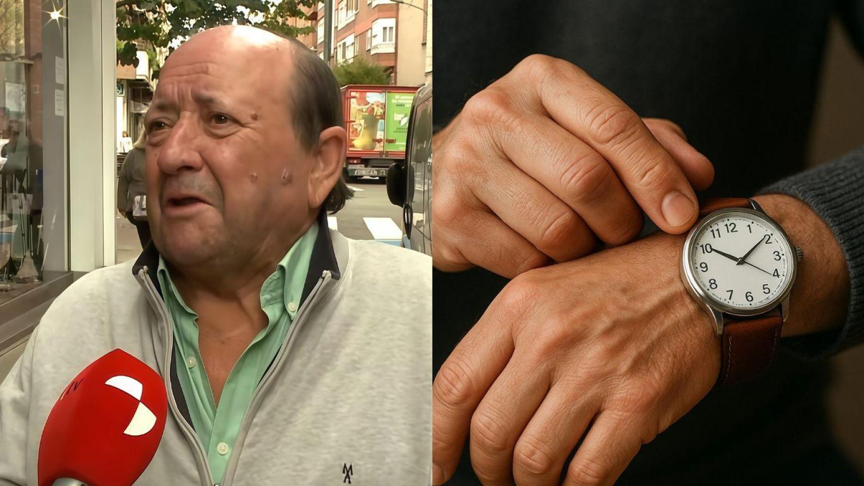 Montaje con un vecino entrevistado por Castilla y León Televisión y un hombre cambiando la hora en su reloj (imagen generada por IA).