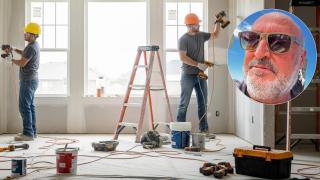 Unos obreros de construcción en una imagen generada con IA y Ramón Lara, empresario