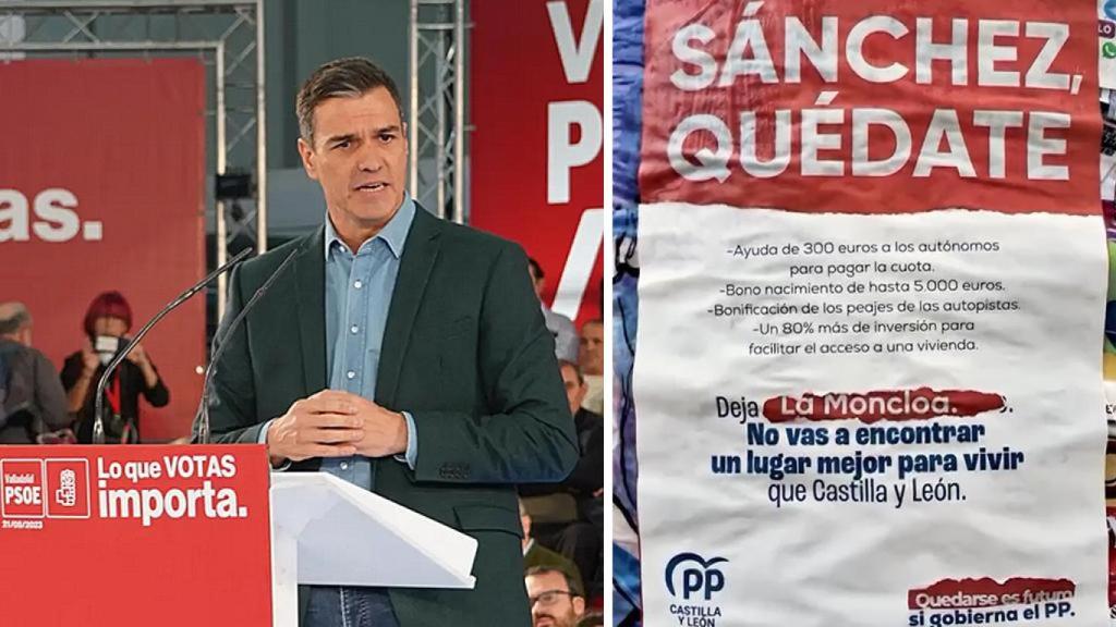 Pedro Sánchez y una imagen del cartel