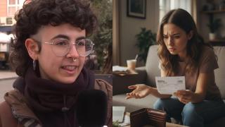 La joven entrevistada y una mujer preocupada por no poder pagar el alquiler. Imagen creada con IA.