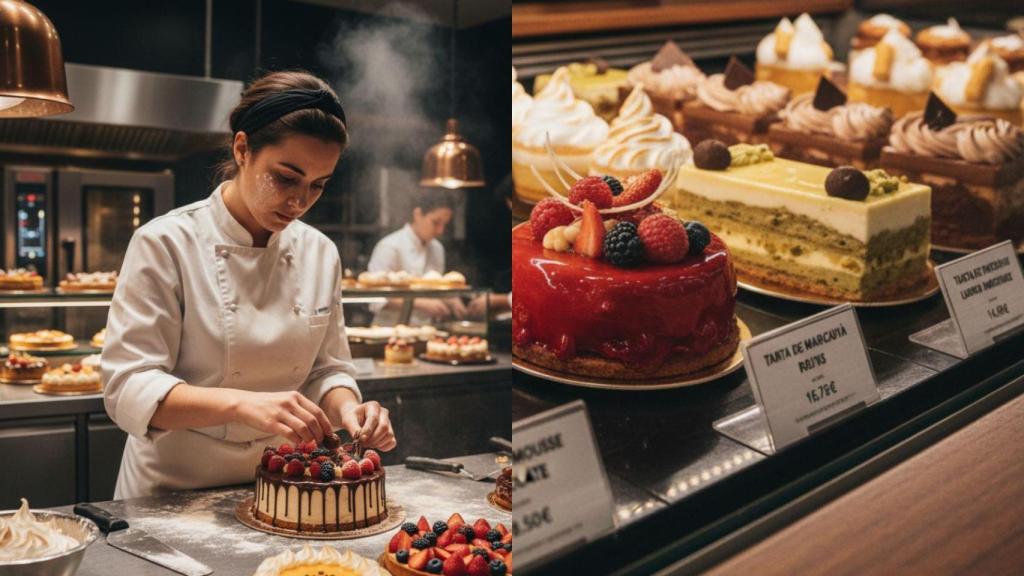 Una pastelera y unos postres generados con IA.