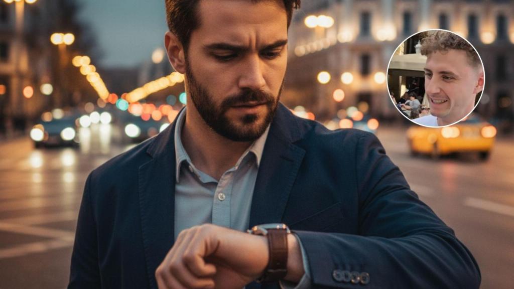 Imagen del joven y una imagen generada por IA de un joven mirando su reloj.