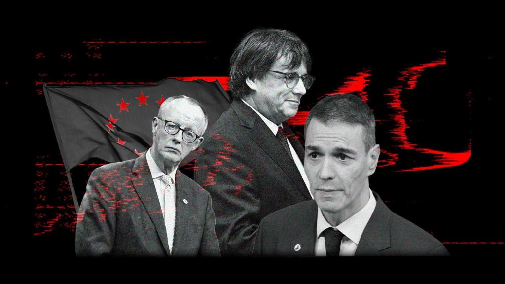 El canciller alemán Friedrich Merz. Carles Puigdemont y Pedro Sánchez.