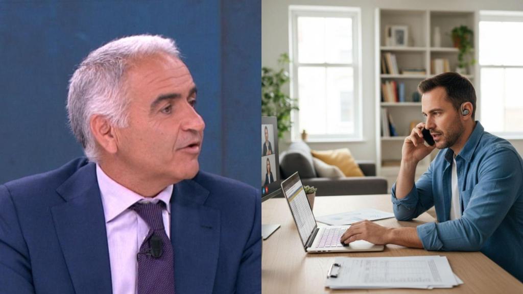 Imagen de Antonio Jesús y una imagen generada por IA de un hombre usando un portátil.