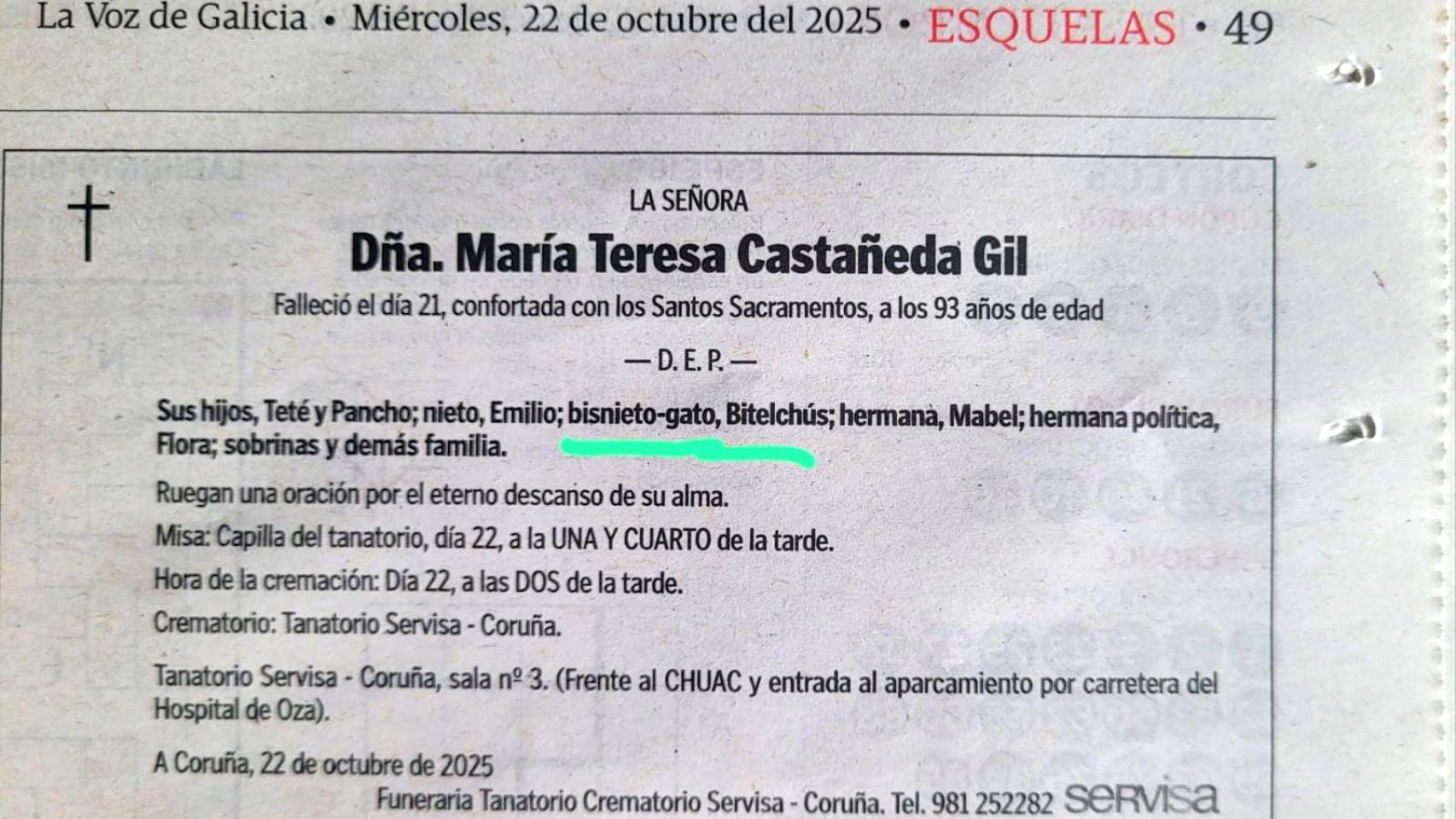 Una esquela se hace viral por incluir al gato de la fallecida entre sus seres queridos