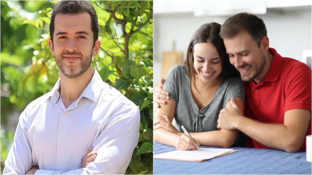 El abogado Manuel Requena y una pareja firmando una compra.