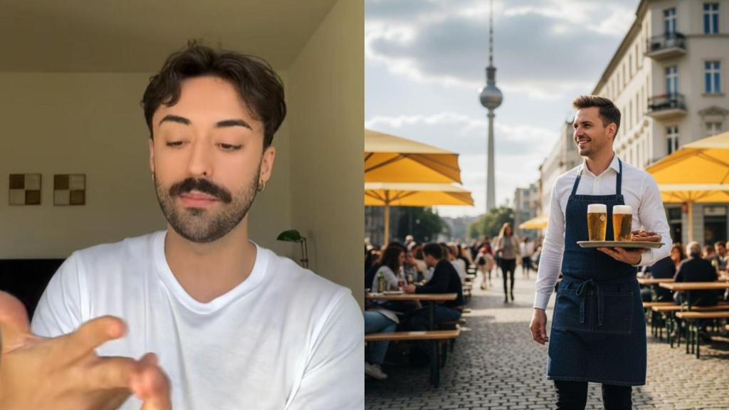 Imagen de Rafael Zafra y una imagen generada por IA de un camarero en Alemania.