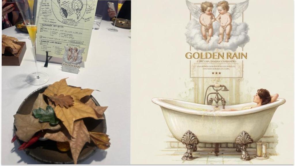 Golden Rain en la copa, con su pegatina y su ilustración.