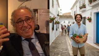 Imagen de Emilio Duró y una imagen generada por IA de un joven viviendo en un pueblo.