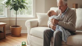 Imagen de un hombre mayor cuidando un bebé creada por la IA.