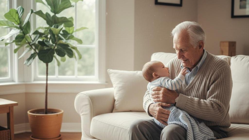 Imagen de un hombre mayor cuidando un bebé creada por la IA.