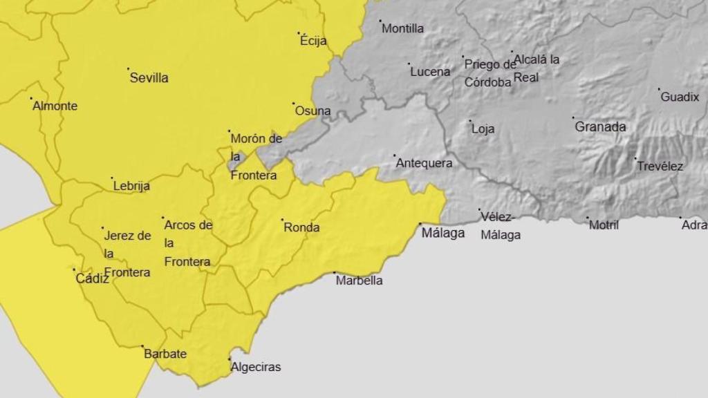 El mapa de avisos de la Aemet de este miércoles en Málaga.