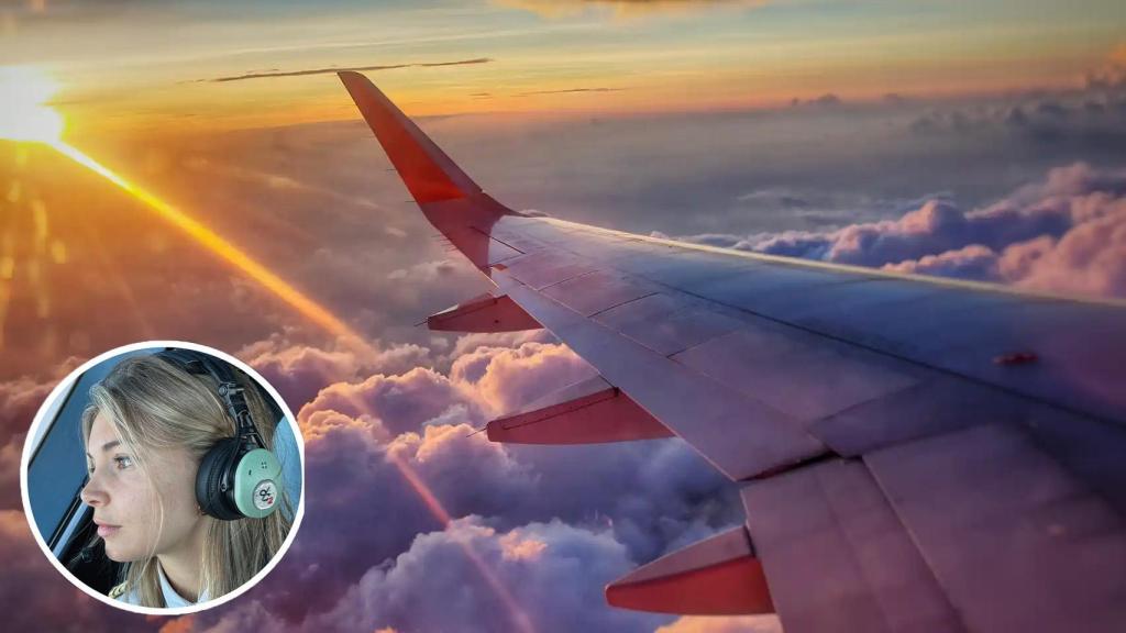 Fotomontaje con un avión y Savina Paül.