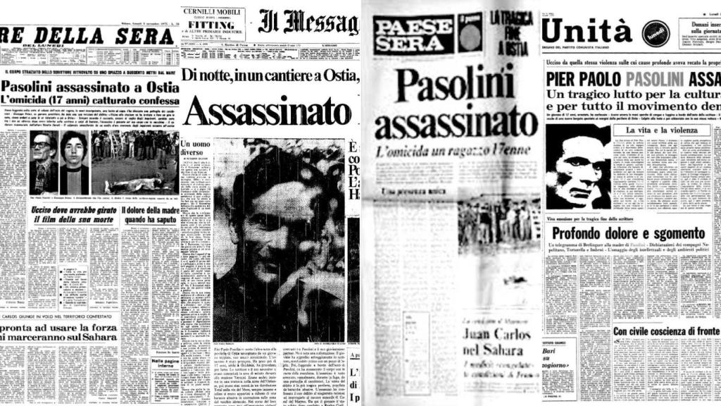 Portadas de los principales diarios italianos dando cuenta del asesinato de Pier Paolo Pasolini la noche del 1 al 2 de noviembre de 1975.