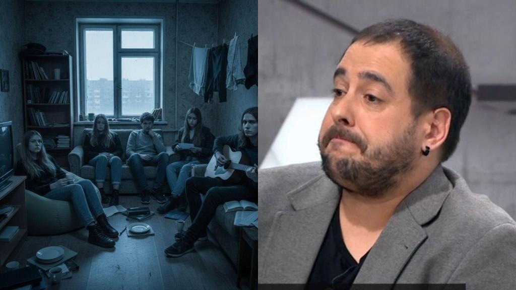 Imagen generada por IA de unos jóvenes en una vivienda y Julen Bollaín.