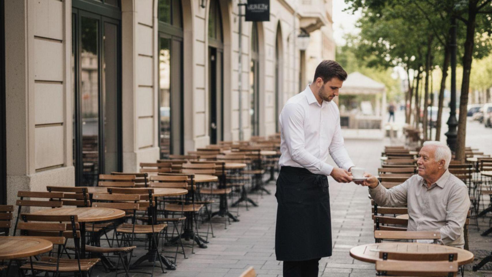 Un hostelero atendiendo a un comensal.