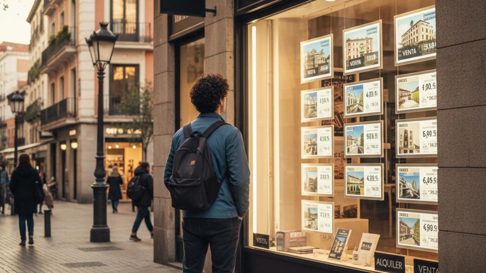 Imagen de un joven mirando pisos en una inmobiliaria generada por IA.