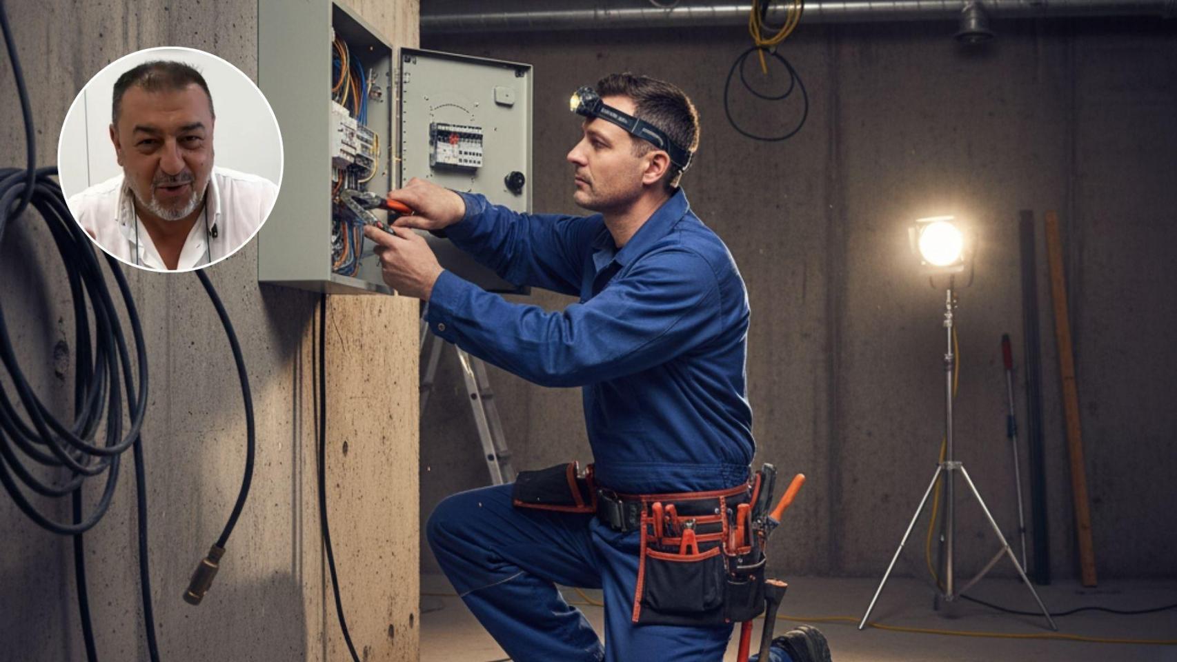 Imagen generada por IA de un electricista y una imagen del experto.