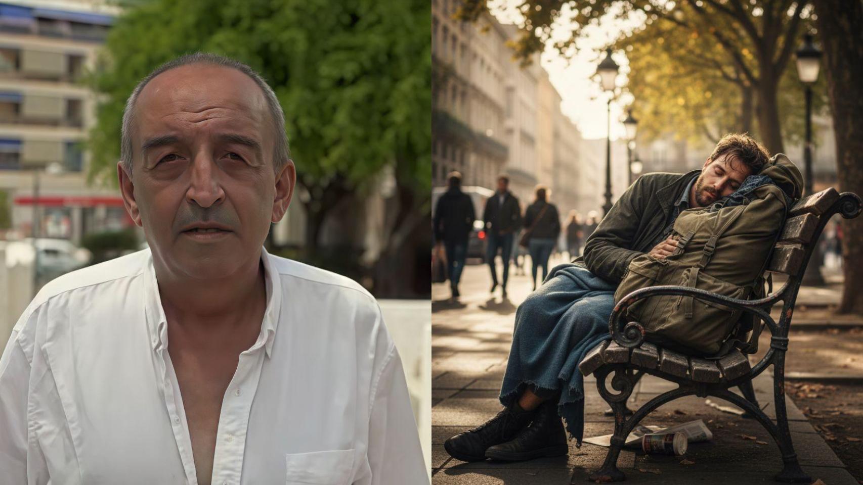 Álvaro y una persona durmiendo en la calle creada con IA.