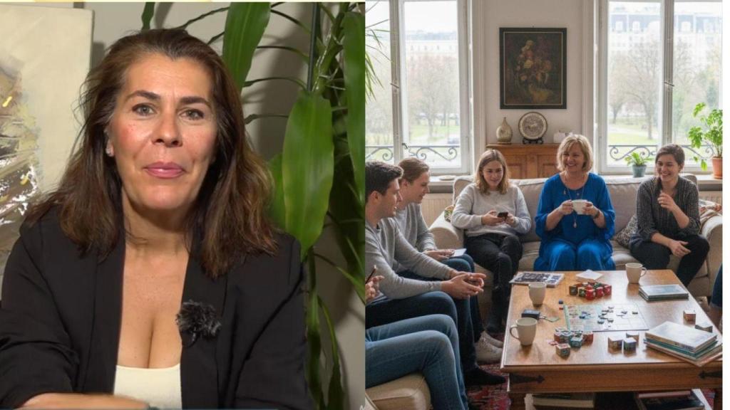 Fotomontaje de Carmen y una imagen de una mujer rodeada de jóvenes en un salón.