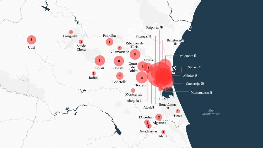 Muertes por municipios en la dana de Valencia: 200 las causaron las inundaciones de la cuenca del Poyo, el 90% del total. EE