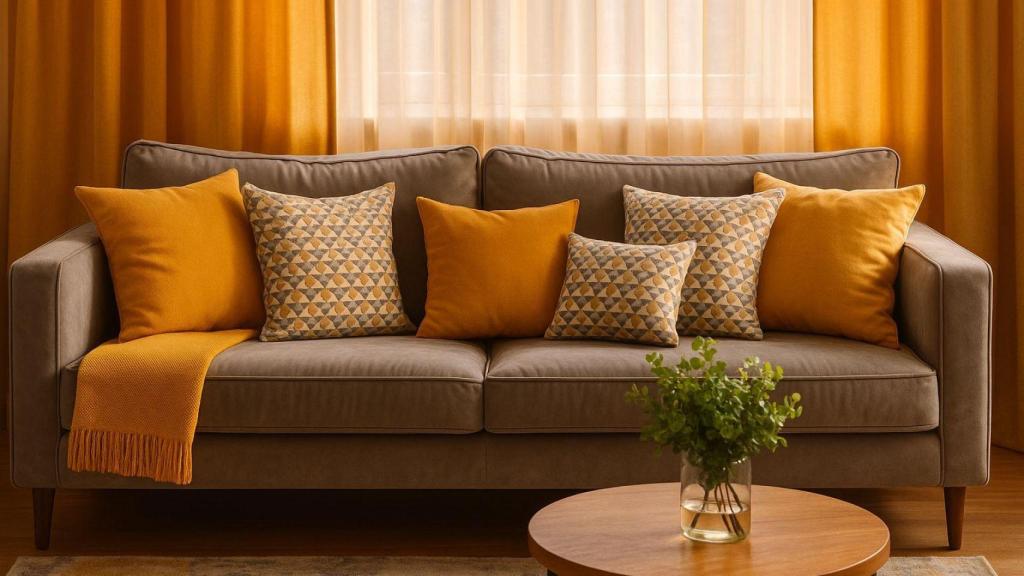 Un sofá con cojines.