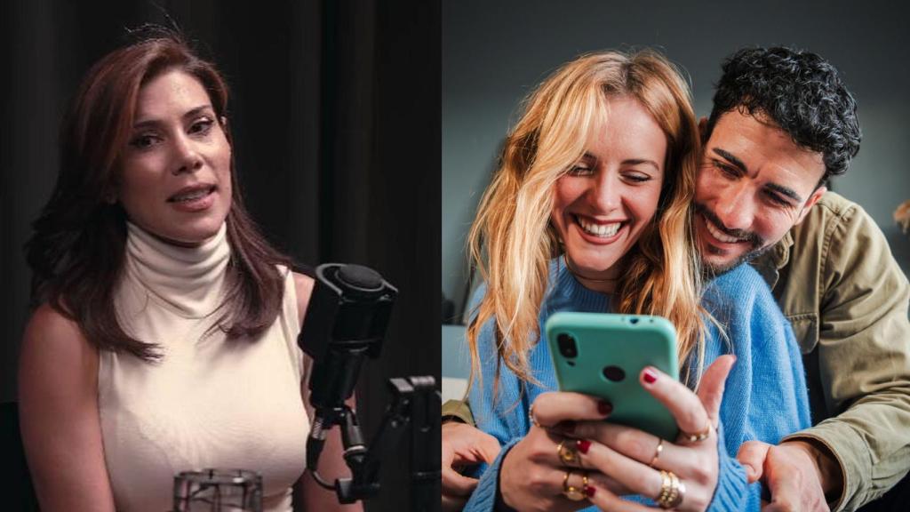 La psicóloga Andrea Vicente y una pareja mirando el móvil.