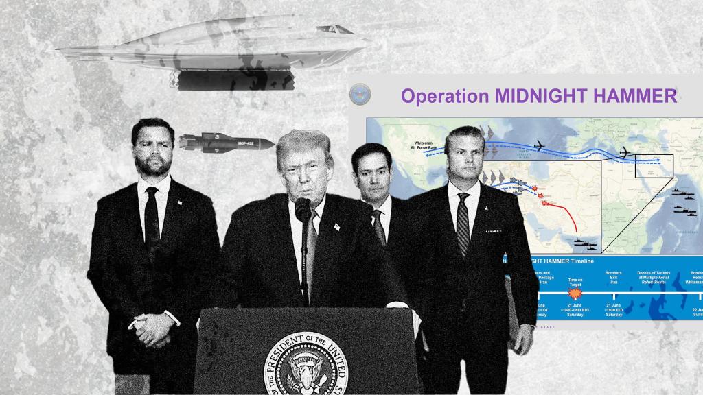 Donald Trump junto a su vicepresidente JD Vance (i), el secretario de estado Marco Rubio (c) y el secretario de defensa Pete Hegeseth (d). Diseño: Rubén Vique