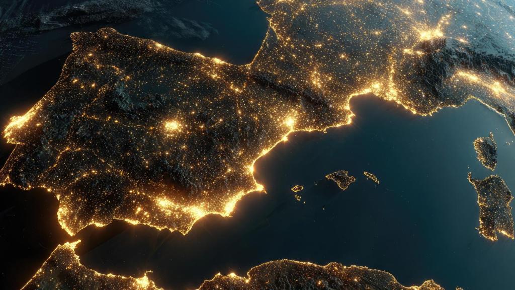 Imagen de España iluminada de noche.