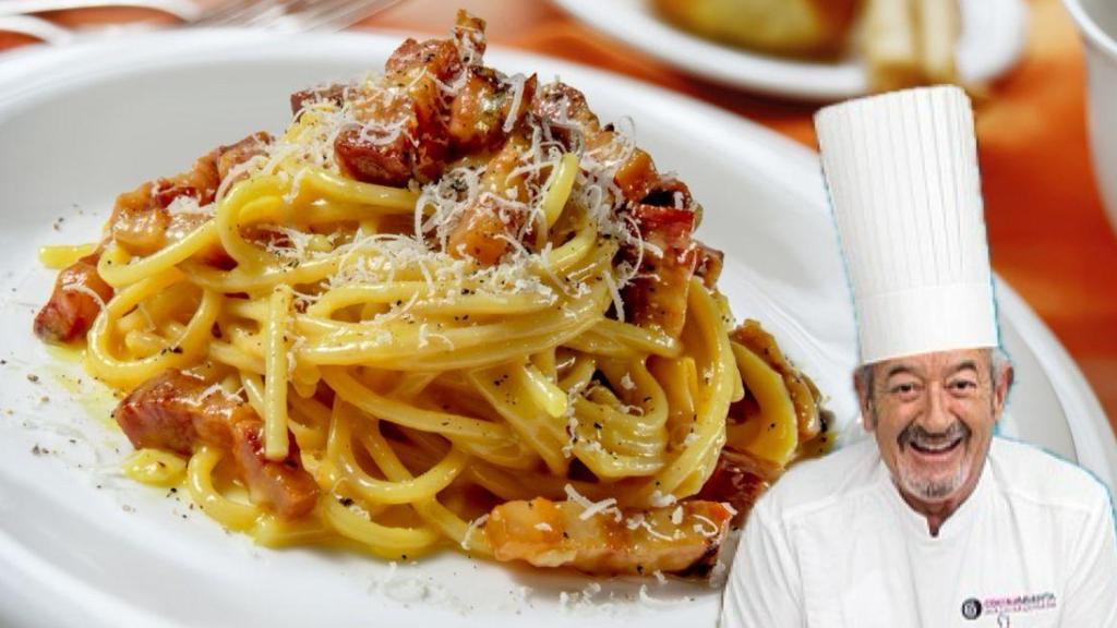 Un plato de pasta carbonara junto al chef Karlos Arguiñano.