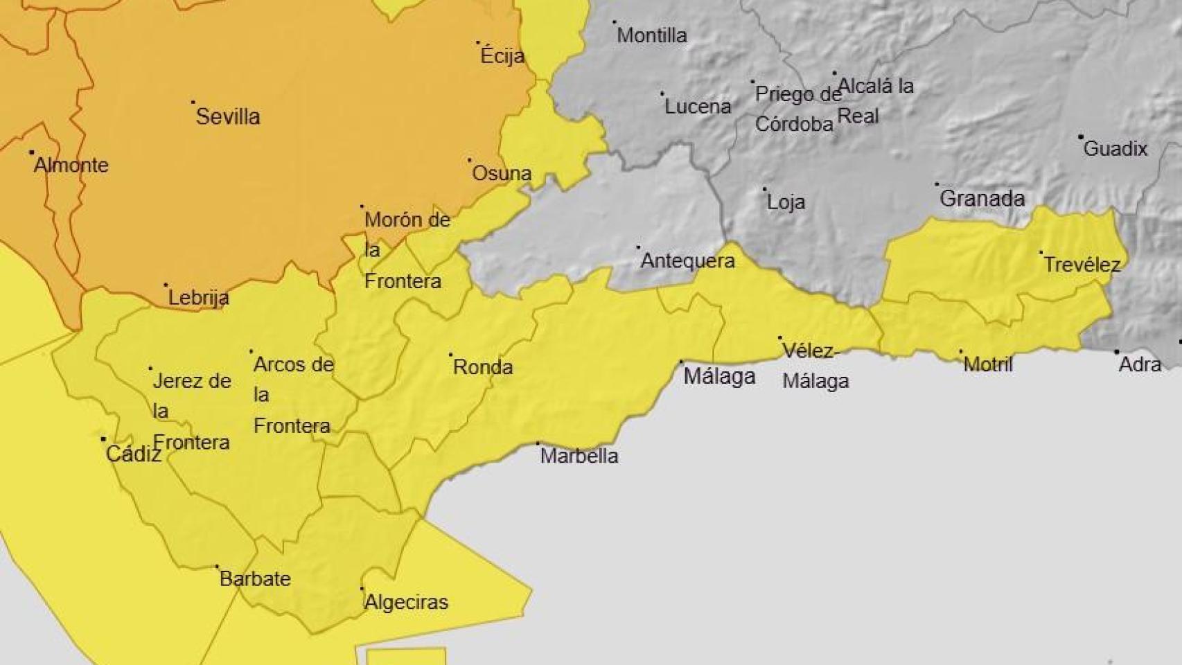 Mapa de avisos de la Aemet en Málaga este miércoles.