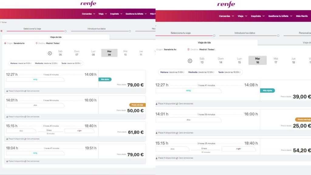 Compra de billetes en la web de Renfe entre Sanabria AV y Madrid