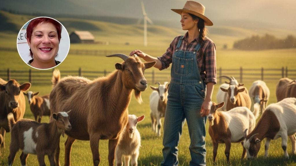 Marta y una ganadera cuidando a su ganado de cabras creadas con IA.