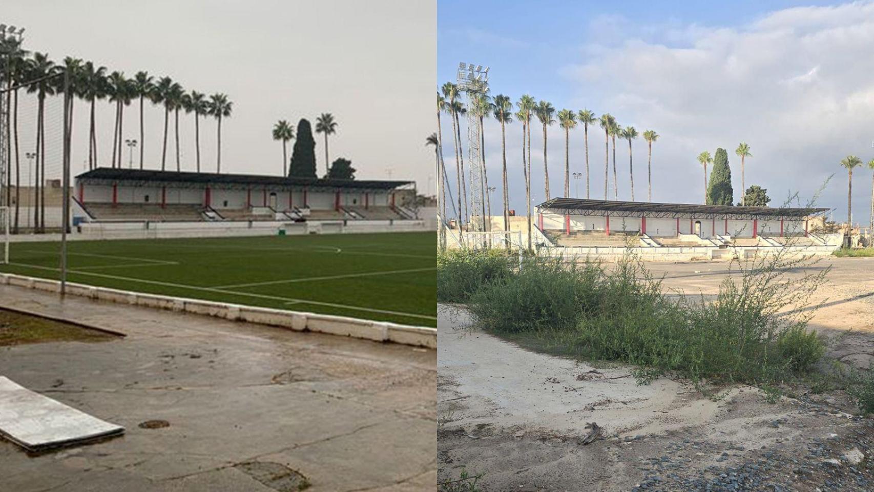 El antes y después del campo del Algemesí en el aniversario de la dana.