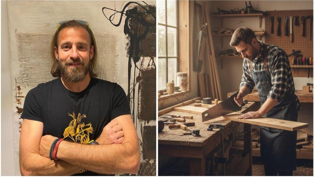 Carlos Sancho y una imagen de un carpintero cortando madera.