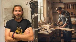 Carlos Sancho y una imagen de un carpintero cortando madera.