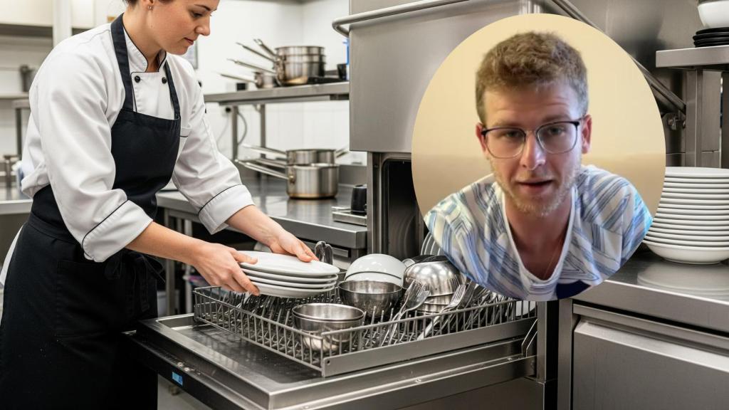 Montaje de Adrián con una persona trabajando como lavaplatos en una imagen creada con IA.