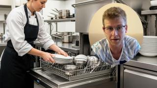 Montaje de Adrián con una persona trabajando como lavaplatos en una imagen creada con IA.