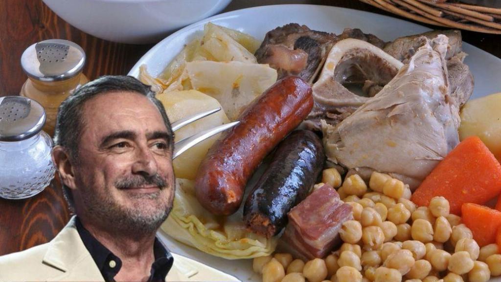 Carlos Herrera junto a un cocido madrileño.