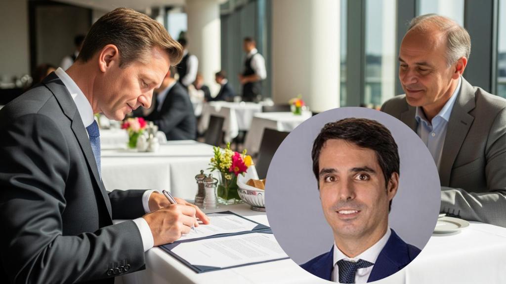 Montaje de Carlos Germán con dos empresarios cerrando un acuerdo en una comida de negocios en una imagen creada con IA.
